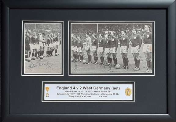 England 1966 World Cup Winners signed & framed display showing the team lining up on the Wembley turf prior to kick off against West Germany back on S