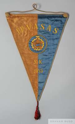 Official red and blue Budapesti Vasas Friendly match pennant, 1955
 of triangular design, inscribed B.P. VASAS, S.K, 1955, hanging thread and tassel


