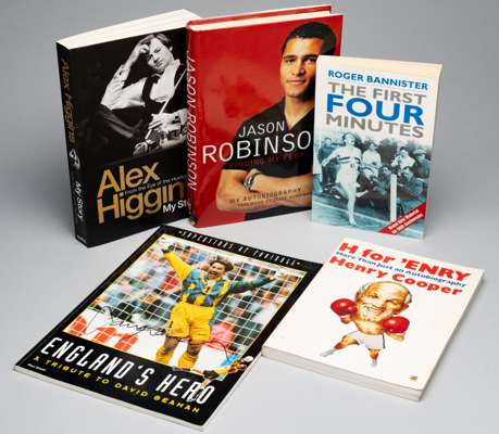 Signed books by sporting icons,
 including Sir Henry Cooper, David Seaman (signed twice), Alex Higgins, Jason Robinson, Sir Roger Bannister (dedicated