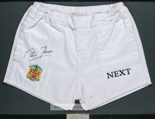 Martin Johnson signed Leicester Tigers white rugby shorts,
 the white shorts embroidered with Leicester Tigers crest and Next sponsor logo, signed in 