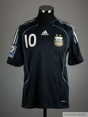 Lionel Messi blue No.10 Argentina v. Uruguay match worn short-sleeved shirt, 
 Adidas, 2009, with crew-neck collar and embroidered cloth badge inscrib