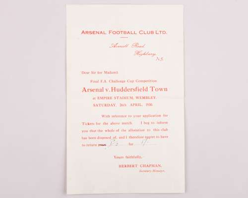 Letter informing ticket purchase unsuccessful for Arsenal v. Huddersfield FA Cup Final 1930