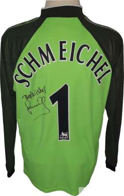 Peter Schmeichel Manchester United signed 1999 Treble season goalkeepers shirt,
 being long sleeve Umbro in new condition. Peter has signed to rear be