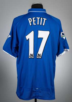 Emmanuel Petit blue Chelsea no.17 home jersey, season 2001-02,
 Umbro, player issued short-sleeved with THE FA PREMIER LEAGUE sleeve badges, club cres
