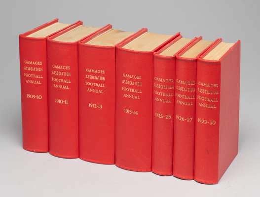A full set of Gamage's Association Football Annuals,
 from first annual published 1909-10 through to 1914-15, then recommencing 1919-20 and running to