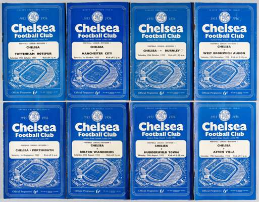 Chelsea full sets of League programmes for season 1955-56 includes five 4-page editions,
 including v Manchester United (21); 1956-57 missing v Aston 