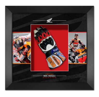 Moto GP Racing six times World Champion Marc Marquez signed & framed Honda Repsol replica glove, like that worn by Marquez himself, 
 frame measuring 