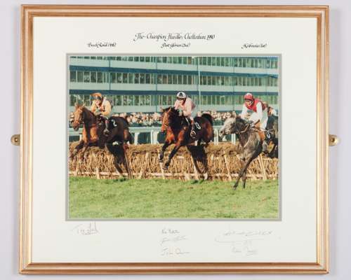 Multi-signed framed photograph of Kribensis jumping the last in the 1990 Champion Hurdle