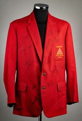 Referee Len Ganley's Embassy World Snooker Official's jacket multi-signed by personalities from the sport,
 red cloth jacket with EMBASSY WORLD SNOOKE