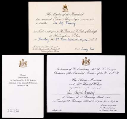 Two printed invitations addressed to Mr & Sir Alf Ramsey, the first for a luncheon given by the Queen and the Duke of Edinburgh at Buckingham Palace 3