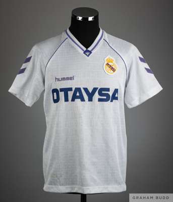 Gheorghe Hagi white and purple No.10 Real Madrid match worn short-sleeved shirt, 1990-91, 
 Hummel, M, with v-neck collar and embroidered cloth badge 
