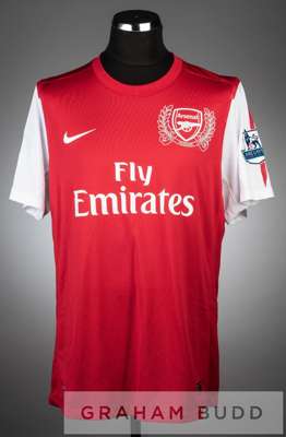 Thierry Henry signed red and white Arsenal no.12 home jersey, season 2011-12,
 short-sleeved with BARCLAYS PREMIER LEAGUE sleeve badges, club crest an