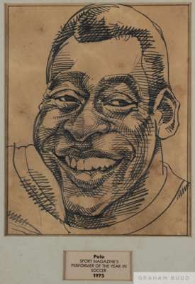 A framed 1975 drawing of Pelé in honour of his being named Sport magazine’s Performer of the Year In soccer 1975.
 16 3/8 by 12 1/4 inches, overall

 