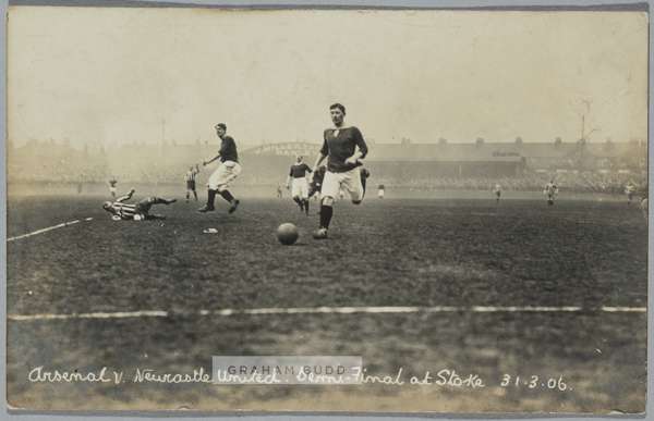 Arsenal v Newcastle United F.A. Cup semi-final at Stoke, 31st March 1906 b & w postcard, 
 published by Goldthorpe photo chemist Plumstead, with hand 