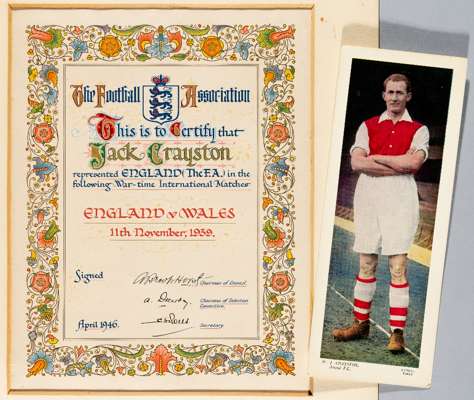 Football Association illuminated citation awarded to Arsenal's Jack Crayston for his wartime international appearance for England v Wales, 11th Novemb