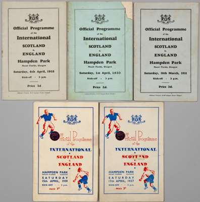 Scotland v England international programmes, all played at Hampden Park in the 1930s,
 includes 28th March 1931; 1st April 1933, lacking small corner 