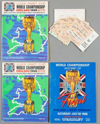 England 1966 World Cup programmes and tickets,
 the final programme and two souvenir tournament programmes; and a paper wallet containing tickets for 