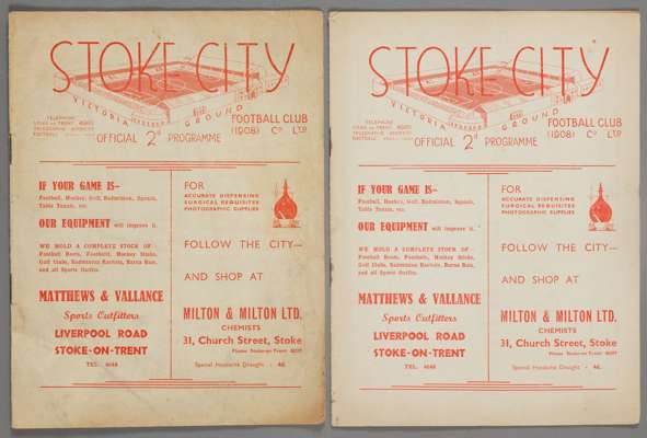 Two Stoke City 1930s home programmes,
 F.L. Division One fixtures v Charlton Athletic 2nd October 1937 and Preston N.E. 19th February 1938