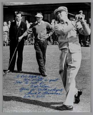 Frank Stranahan 1948 & 1950 British Amateur Golf Champion original autographed b&w photograph,
 10 by 8in., depicting Stranahan at the top of his swin