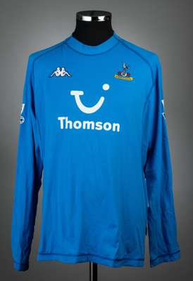 Paul Robinson blue Tottenham Hotspur no.1 goalkeeping jersey, season 2004-05,
 match issue, Kappa, long-sleeved with BARCLAYS PREMIERSHIP sleeve badge