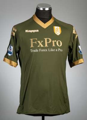 Diomansy Kamara green with gold trim Fulham no.15 third choice jersey, season 2010-11,
 Kappa, short-sleeved with BARCLAYS PREMIER LEAGUE sleeve badge