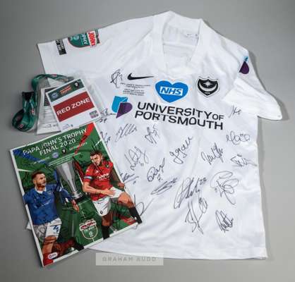 Tom Naylor squad signed white Portsmouth no.4 jersey v Salford City in the EFL Papa John's Trophy Final at Wembley Stadium on 13th March 2021,
 Nike, 