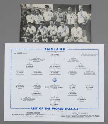 England team-signed b&w photograph from the F.A. Centenary Match v Rest of the World at Wembley, 23rd October 1963,
 the photo extracted from the prog