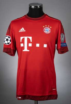 Mario Gotze red No.19 Bayern Munich Champions League short-sleeved jersey, 2015-16, 
 Adidas, with crew-neck collar and printed badge FC BAYERN MUNCHE
