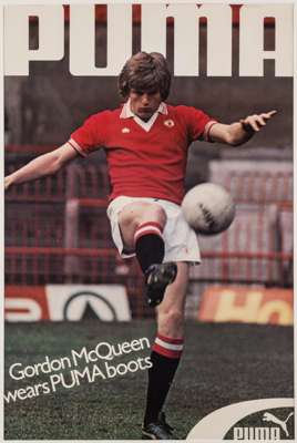 Puma football boot display advertisement poster featuring Manchester United's Gordon McQueen, circa 1978,
 mounted with cellophane cover, overall 84 b