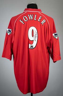 Robbie Fowler signed red Liverpool no.9 special jersey, season 2000-01,
 Reebok, short-sleeved with THE FA PREMIER LEAGUE sleeve badges, club crest an