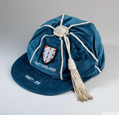 Peter Shilton blue England v. Switzerland International cap, 1987-88
 the blue velvet cap with silver tassel and silvered braiding, embroidered with t