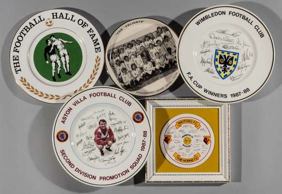 Collection of ceramic football commemorative plates,
 including Liverpool FC F.A. Cup Winners 1974 plate; West Bromwich Albion FC centenary plate with