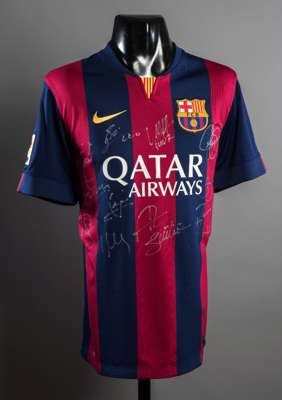 Team-signed Lionel Messi replica Barcelona No.10 jersey season 2014-15, 13 signatures comprising Lionel Messi, Luis Suarez, Neymar Jr, Xavi Hernandez,