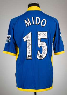 Mido squad signed blue and yellow Tottenham Hotspur no.15 away jersey, season 2005-06,
 Kappa, short-sleeved with BARCLAYS PREMIER LEAGUE sleeve badge