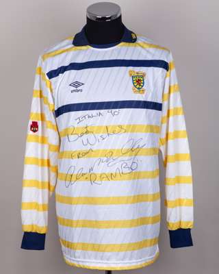 Allan McInally white, blue and yellow No.16 Scotland long-sleeved shirt, 1990