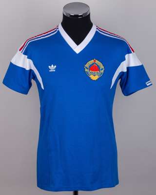 Blue and white No.16 Yugoslavia short-sleeved shirt, 1989