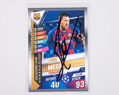 Lionel Messi autographed Barcelona Match Attax Collectors Team of the Season trading card