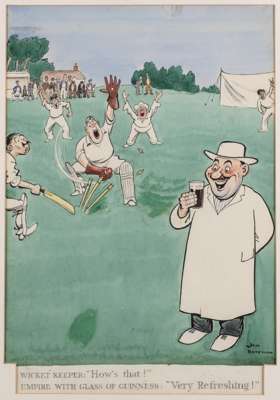 Henry Mayo Bateman (British, 1887-1970) original cricket match artwork with the Umpire distracted by a pint of Guinness,
 pen, ink and watercolour dra