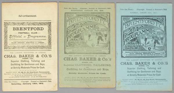 Three Brentford 1st Round F.A. Cup tie home programmes,  

v Carlisle United 15th January 1908 (replay), Preston North End 14th January 1911 and Cryst