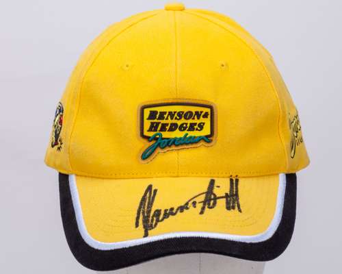 Damon Hill autographed yellow and black Jordon Benson & Hedges baseball cap