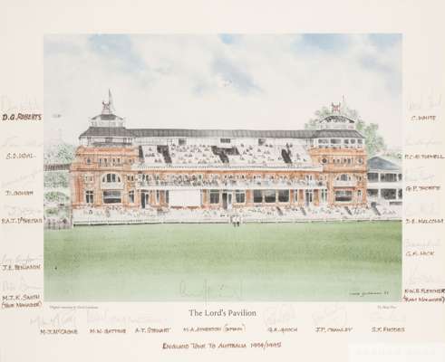 David Gentleman “The Lord’s Pavilion” colour print
 the mount bearing nineteen cricketers autographs including the Captain M.A. Atherton, Mike Gatting