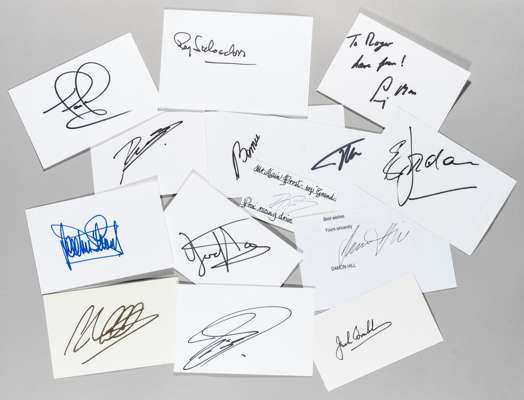 Collection of 14 F1 autographs,
 comprising Fernando Alonso, Alain Prost, Damon Hill, Jody Scheckter, Jackie Stewart, Jack Brabham, Nigel Mansell, Roy
