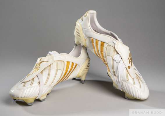 David Beckham pair of match worn white and gold Adidas 2008 Predator Powerswerve SG football boots
 each tongue with stylised Beckham profile, the lef