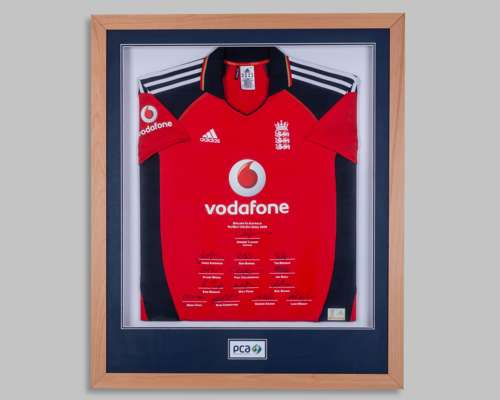 Red and blue England v. Australia NatWest One Day Series 2009 autographed cricket shirt