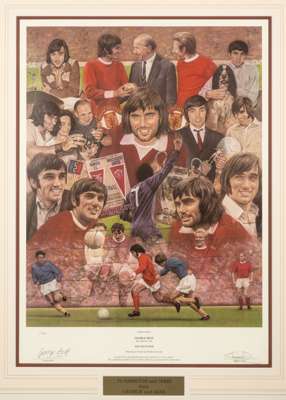 Signed George Best 'Soccer Player' limited edition montage by Stephen Doig,
 the colour montage of Best during his playing career, limited edition 1 o