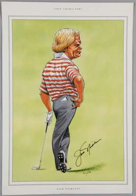 Golf: Jack Nicklaus autographed colour print by the caricaturist John Ireland,
 caricature size 12 3/4 by 8 3/4in., a full page removed from John Irel