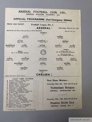 Arsenal v Chelsea Fuel Emergency Edition single-sheet match programme, 1st March 1947

  Signs of folds and pencil scores,