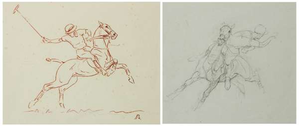 John Arthur Board (1886-1975) POLO PLAYERS (TWO) two pencil sketches, both 19 by 24cm., mounted ready for framing (2)
