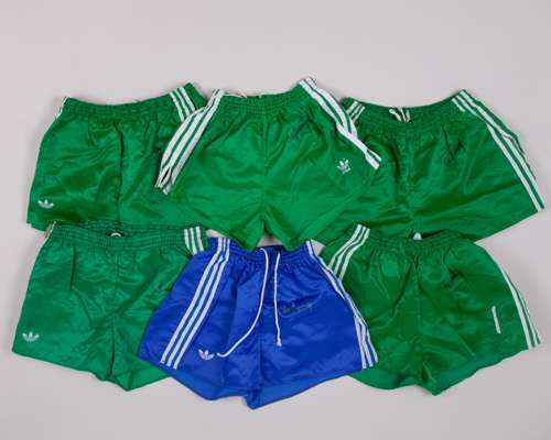 Pat Jennings five pairs of green and white autographed Northern Ireland worn shorts