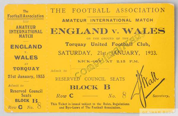 An unused ticket for the England v Wales amateur international match
 played at Torquay United's Plainmoor ground 21st January 1933